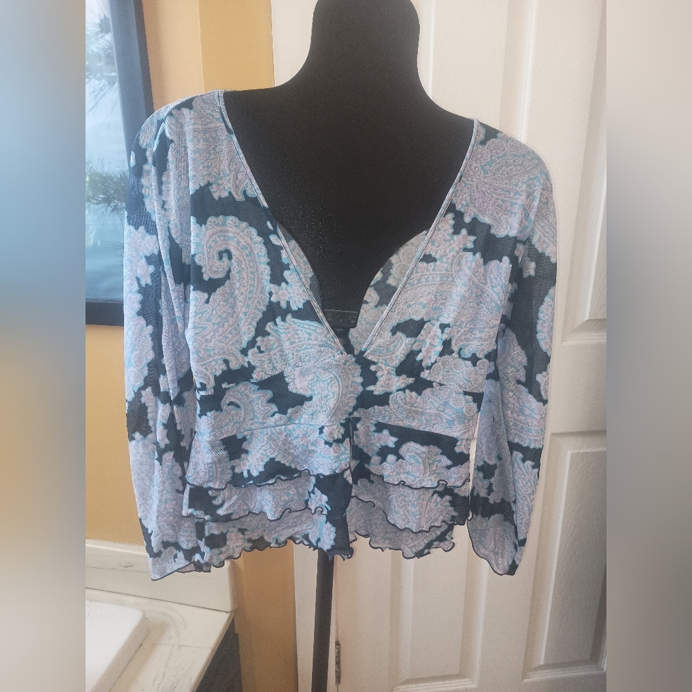 New York & Company Gray and Blue Wrap Blouse 3/4 Sleeve